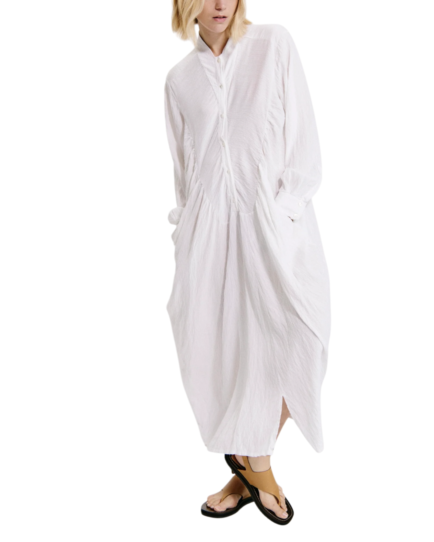 Robe longue évasée en viscose effet gaufré et froncé blanche
