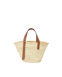 Basket in raffia and tan calf leather