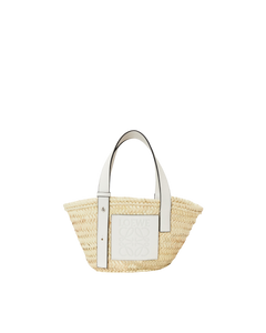 Small basket in raffia and white calf leather