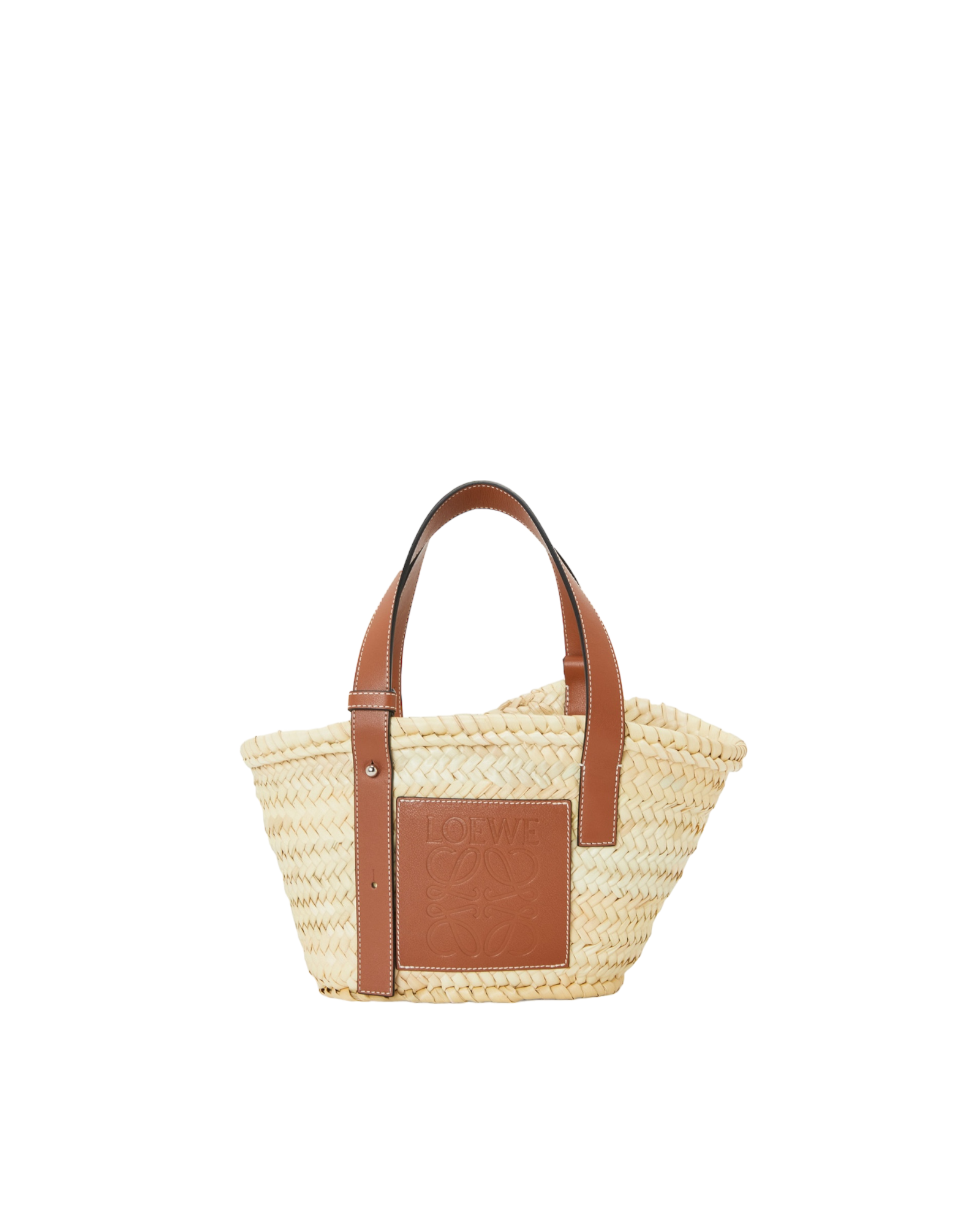 Small basket in raffia and tan calf leather