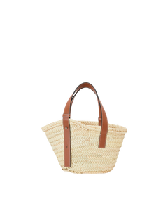 Small basket in raffia and tan calf leather